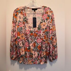 Floral V-Neck Blouse with Elastic Waist